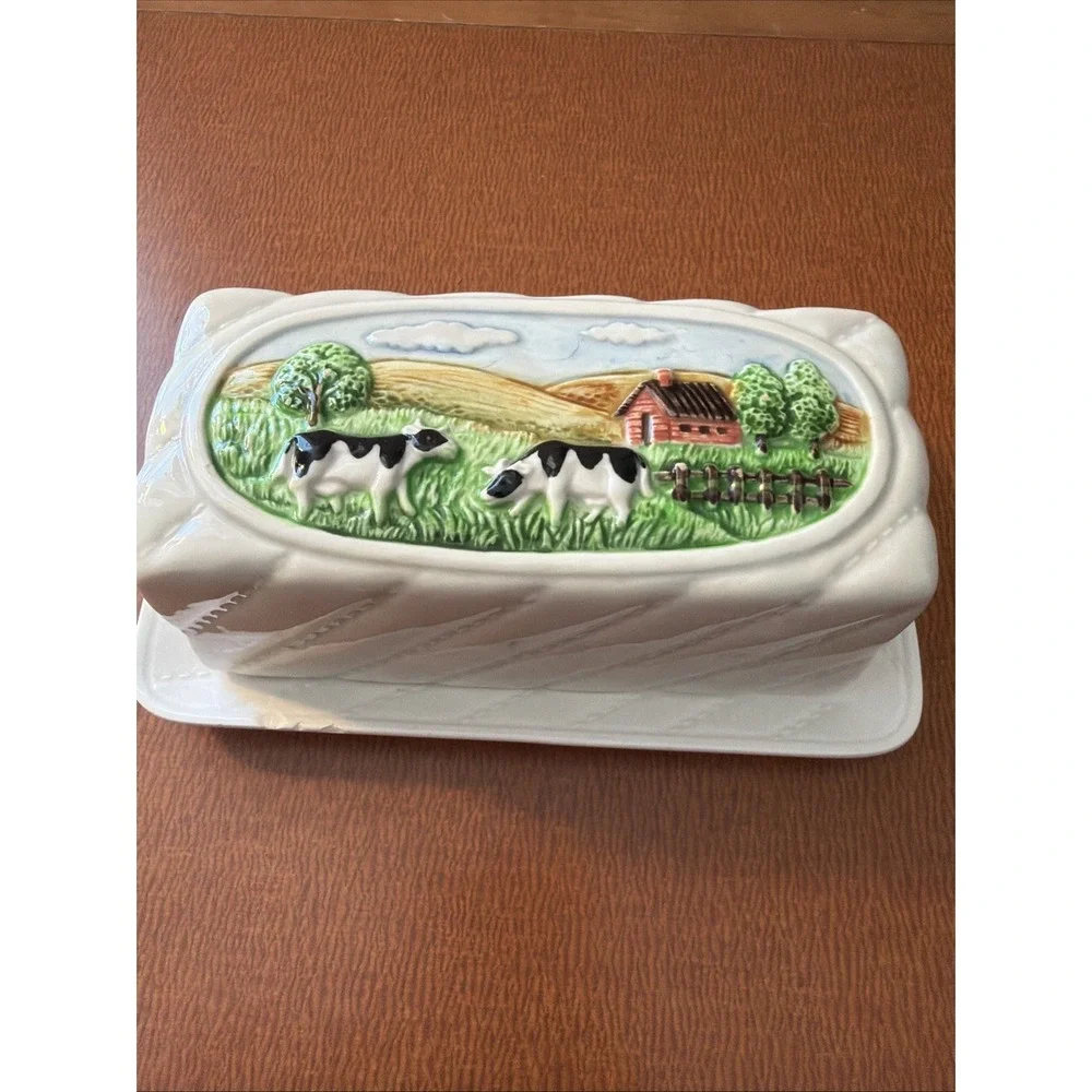 Vtg Gibson Greeting Cards White Ceramic Butter Dish Eith Farm Barn Cows
